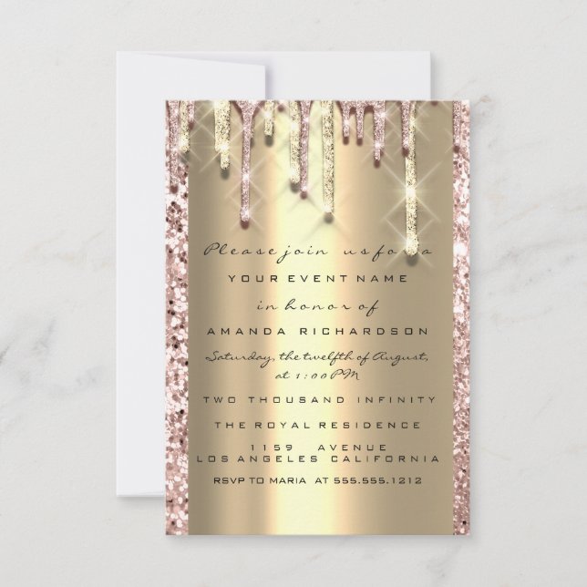 Glitter 3D Drips Rose Bridal Sweet 16th Gold Invitation (Front)