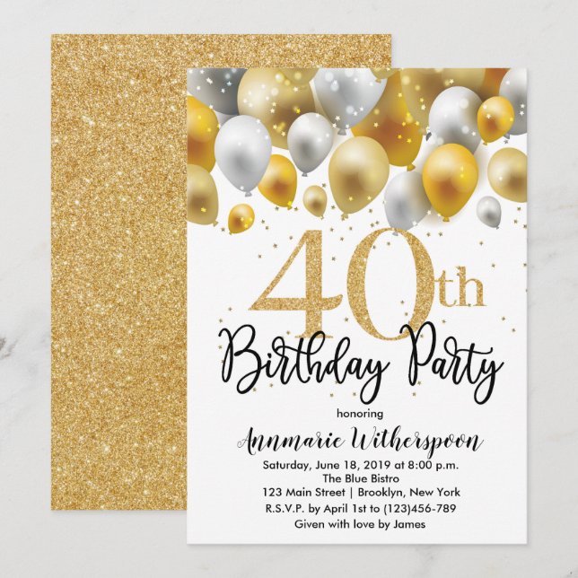 Glitter 40th Birthday Invitation Gold Balloons (Front/Back)