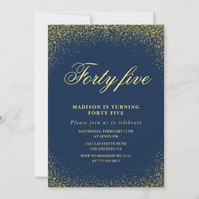 Glitter 45th birthday invitations Gold Navy Forty (Front)