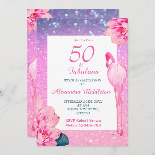 Glitter 50 Fabulous Flamingo Pink Floral Birthday Invitation