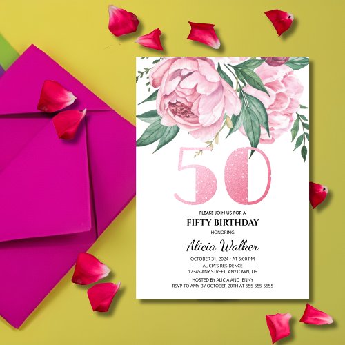 Glitter 50th Pink Peony Floral Greenery Birthday  Invitation