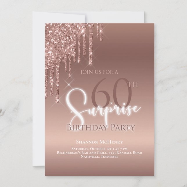 Glitter 60th Birthday Glam Pink White Ombre Invitation (Front)