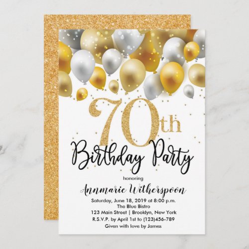Glitter 70th Birthday Invitation Gold Balloons
