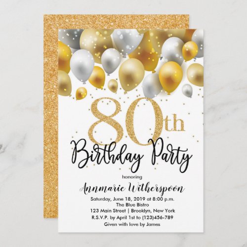 Glitter 80th Birthday Invitation Gold Balloons