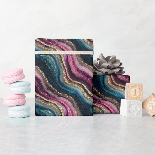 Glitter Agate Pink Cyan Wrapping Paper Roll (Baby Shower)