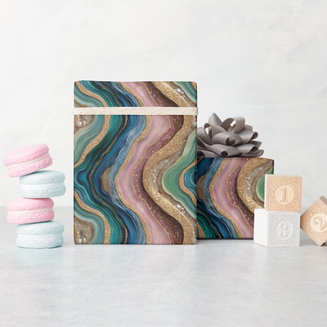 Glitter Agate Pink Teal Wrapping Paper Roll (Baby Shower)