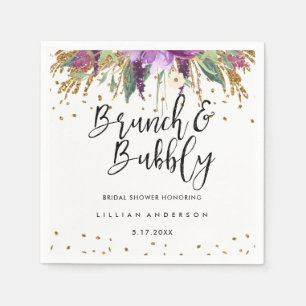 Glitter Amethyst Brunch and Bubbly Bridal Shower Paper Napkins