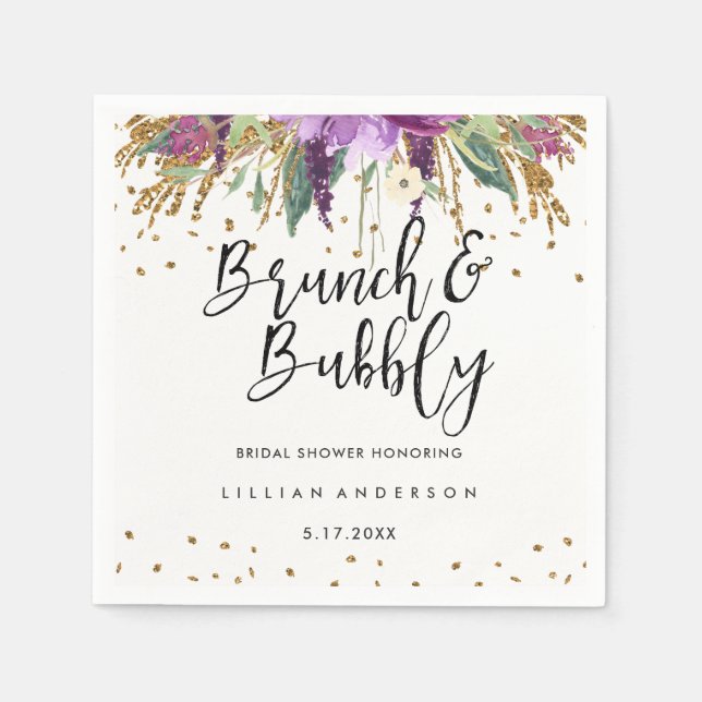 Glitter Amethyst Brunch and Bubbly Bridal Shower Paper Napkins (Front)