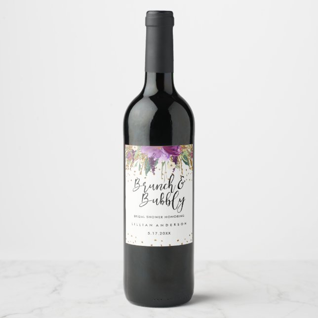Glitter Amethyst Brunch and Bubbly Bridal Shower Wine Label (Front)