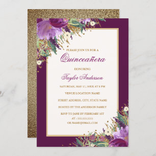 Glitter Amethyst Gold Purple Floral Quinceanera Invitation