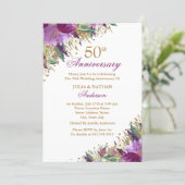 Glitter Amethyst Purple Floral 50th Anniversary Invitation (Standing Front)