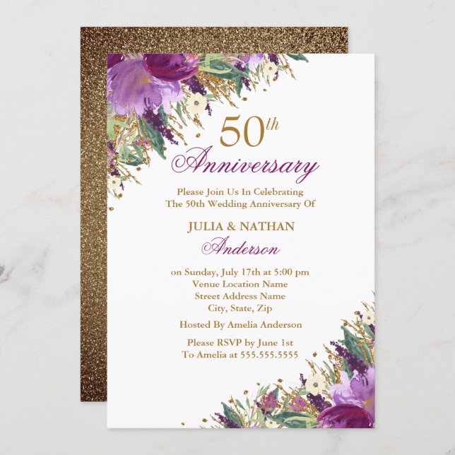 Glitter Amethyst Purple Floral 50th Anniversary Invitation (Front/Back)