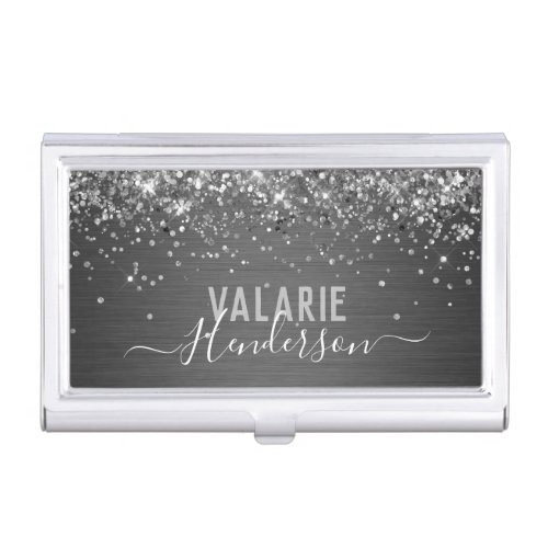 Glitter and Brushed Metal Monogram  Business Card Case