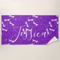 Glitter and dragonflies personalized beach towel