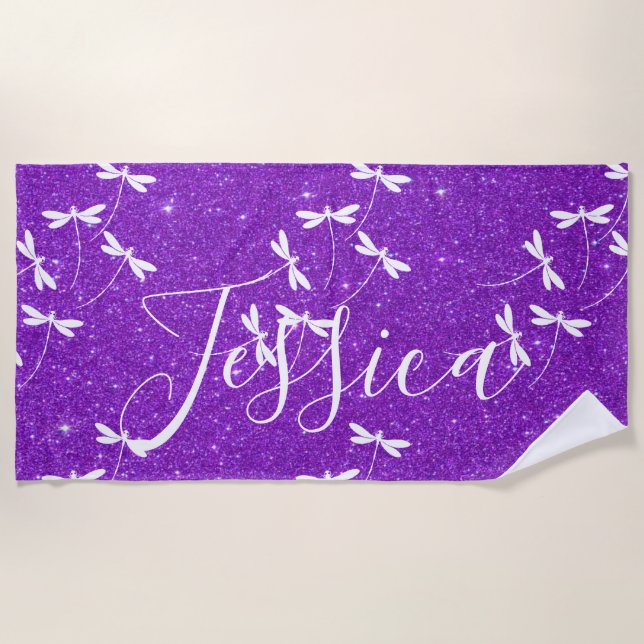 Glitter and dragonflies personalized  beach towel (Front)