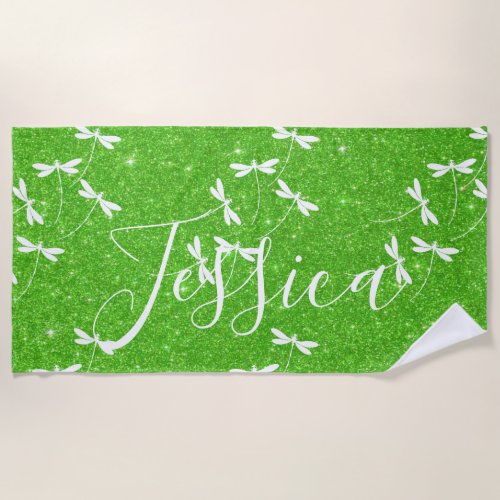 Glitter and dragonflies personalized  beach towel