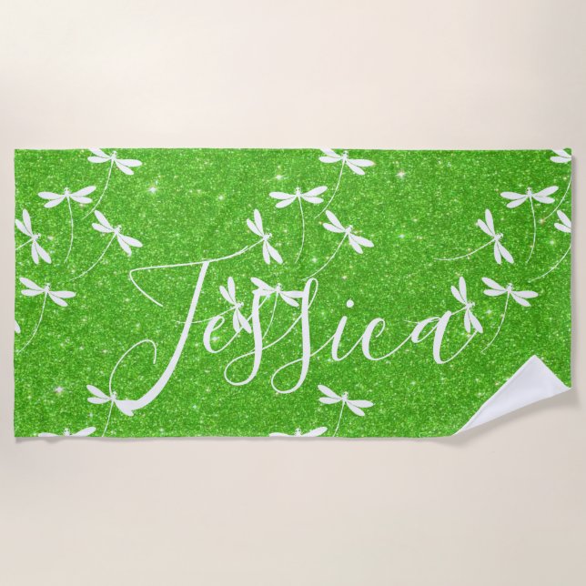 Glitter and dragonflies personalized  beach towel (Front)