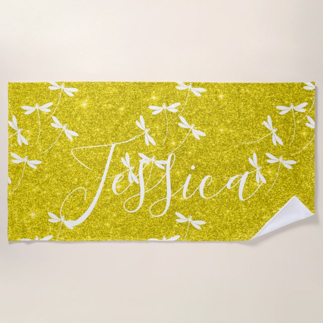 Glitter and dragonflies personalized  beach towel (Front)