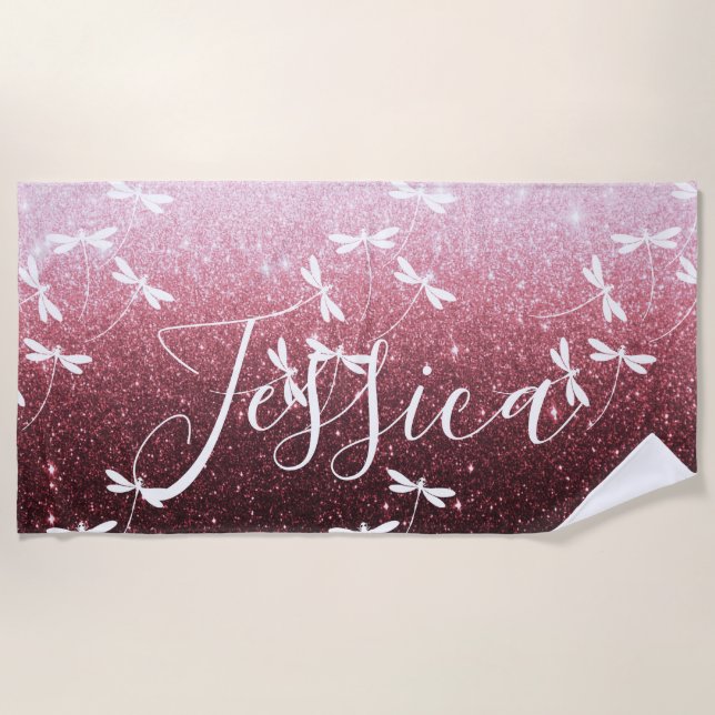 Glitter and dragonflies personalized  beach towel (Front)