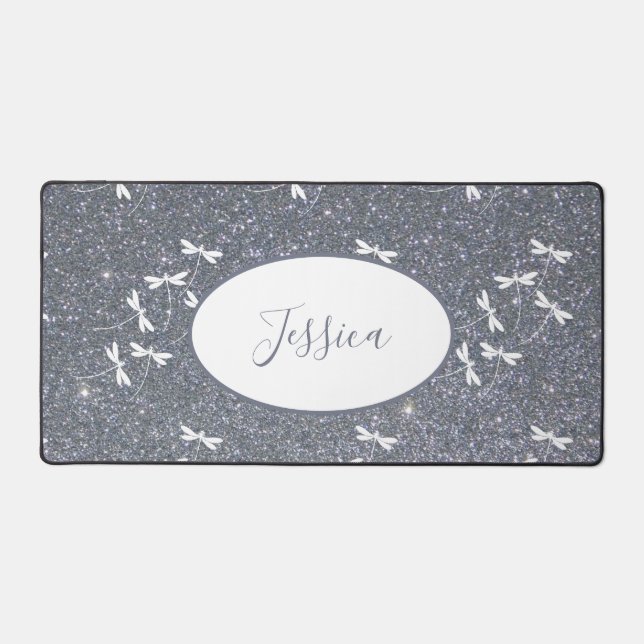 Glitter and dragonflies personalized  desk mat (Front)