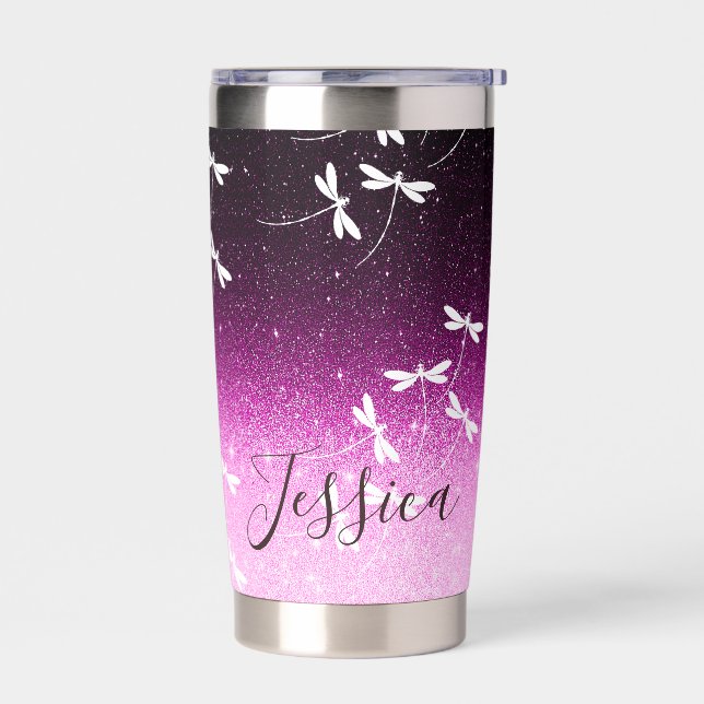 Glitter and dragonflies personalized insulated tumbler (Left)