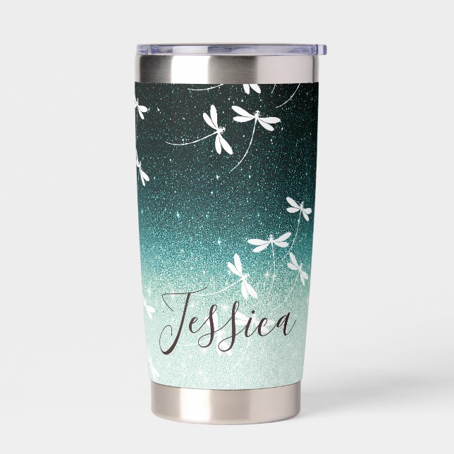 Glitter and dragonflies personalized insulated tumbler (Left)