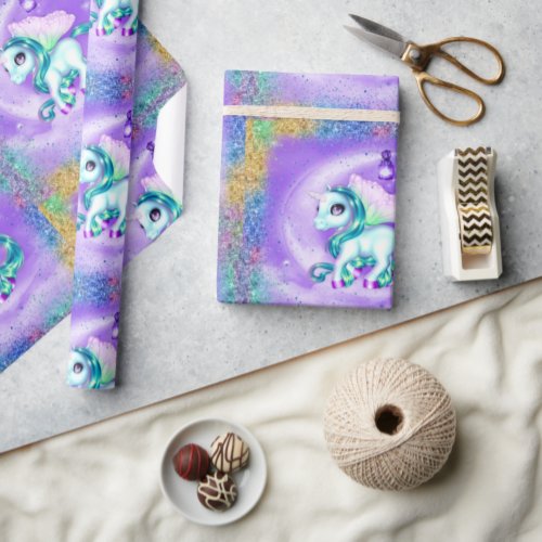 Glitter and Fantasy Blue Unicorns on Purple Wrapping Paper