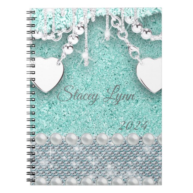Glitter and Hearts Bling Monogram Name 2024 Notebook (Front)