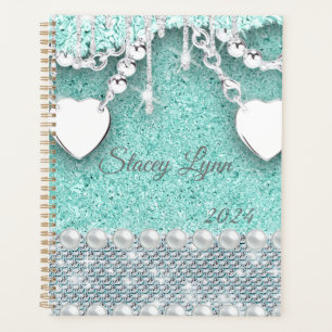 Glitter and Hearts Bling Monogram Name 2024 Planner