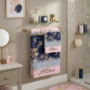 Glitter and marble personalized bath towel set