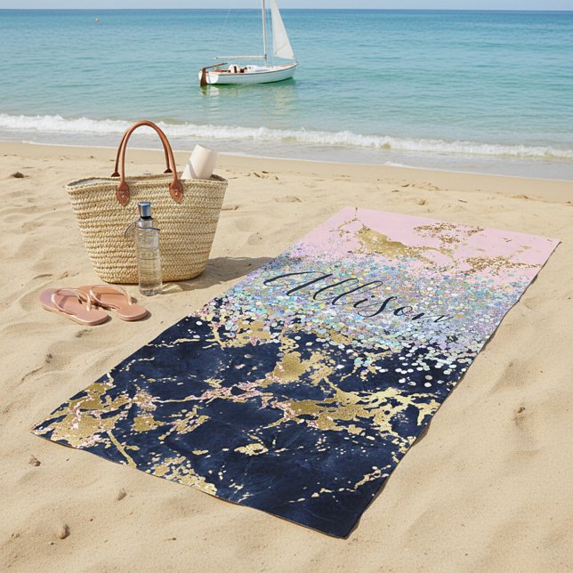 Glitter and marble personalized  beach towel (Creator Uploaded)