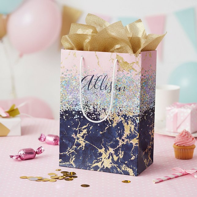 Glitter and marble personalized medium gift bag (Creator Uploaded)