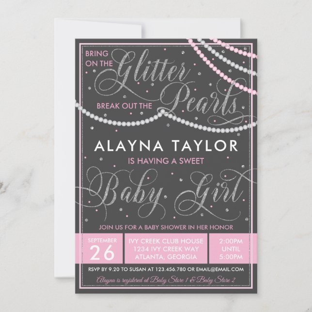 Glitter and Pearls Baby Shower Invitation, Pink Invitation (Front)