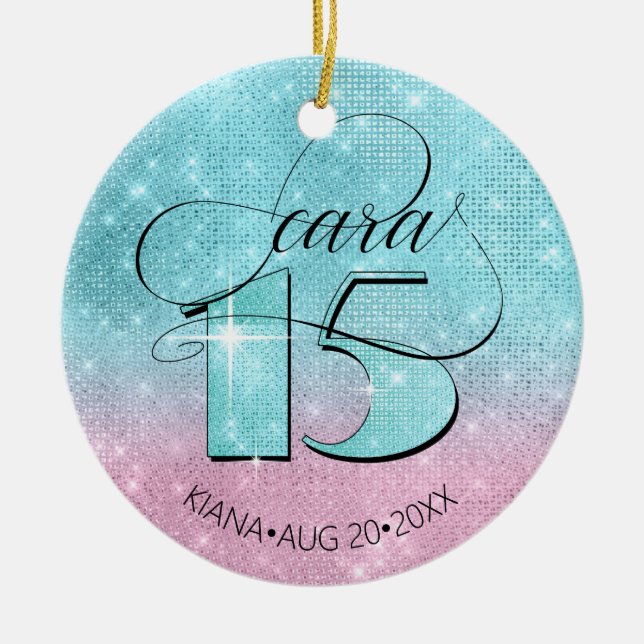 Glitter and Shine Quinceanera Teal/Pink ID701 Ceramic Ornament (Front)