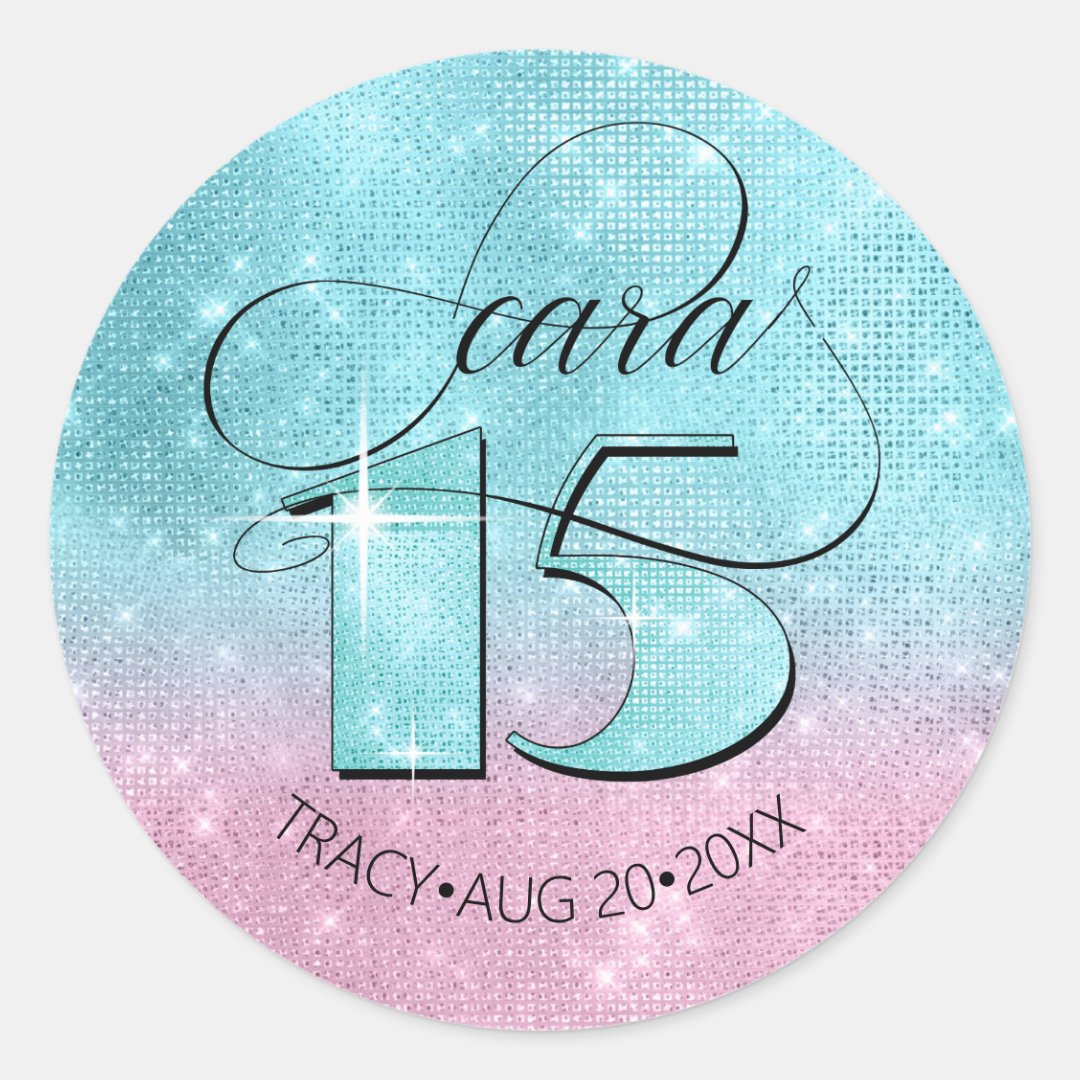 Glitter and Shine Quinceanera Teal/Pink ID701 Classic Round Sticker