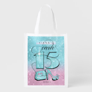 Glitter and Shine Quinceanera Teal/Pink ID701 Grocery Bag
