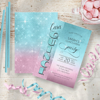 Glitter And Shine Quinceanera Teal/pink Id701 Invitation by arrayforcards at Zazzle