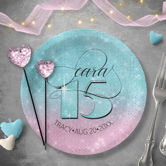 Glitter and Shine Quinceanera Teal/Pink ID701 Paper Plates (Creator Uploaded)