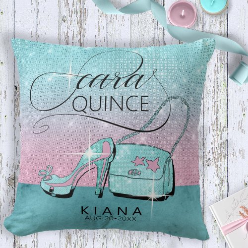Glitter and Shine Quinceanera TealPink ID701 Throw Pillow