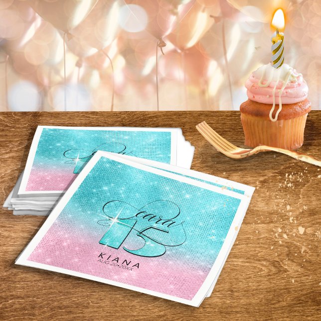 Glitter and Shine Quinceanera V1 Teal/Pink ID701 Napkins (Creator Uploaded)