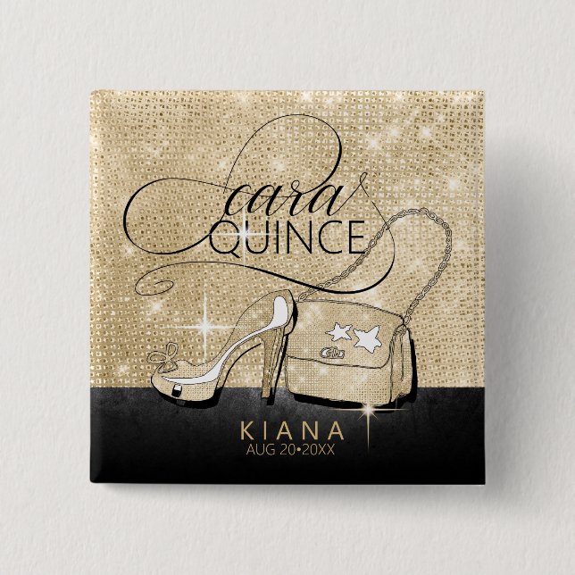 Glitter and Shine Quinceanera V2 Black/Gold ID701 Button (Front)