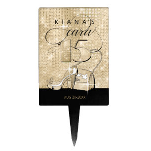 Glitter and Shine Quinceanera V2 Black/Gold ID701 Cake Topper