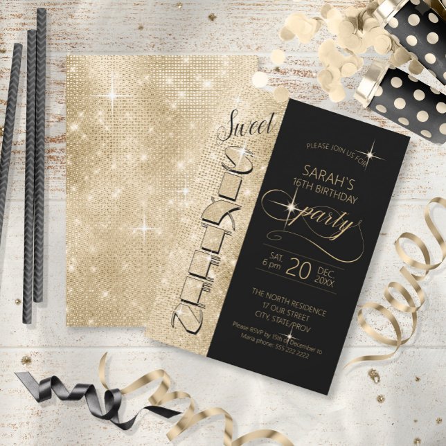 Glitter and Shine Sweet 16 Black/Gold ID675 Invitation (Creator Uploaded)