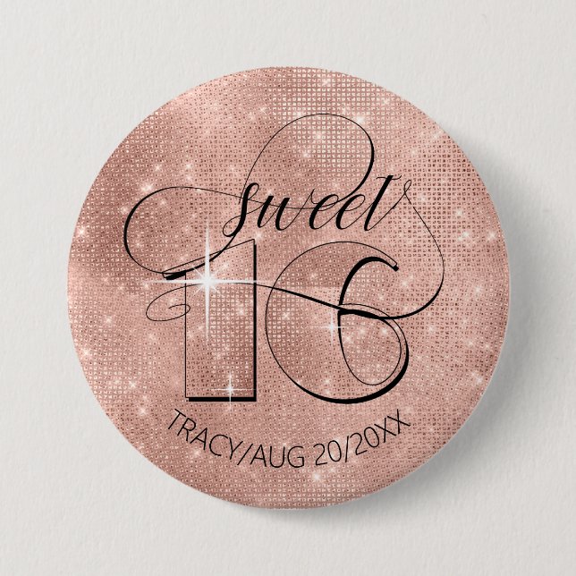 Glitter and Shine Sweet 16 Rose Gold ID675 Button (Front)