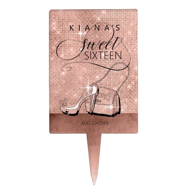 Glitter and Shine Sweet 16 Rose Gold ID675 Cake Topper (Front)