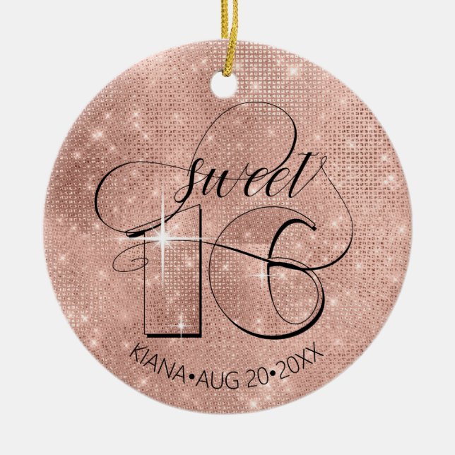 Glitter and Shine Sweet 16 Rose Gold ID675 Ceramic Ornament (Front)