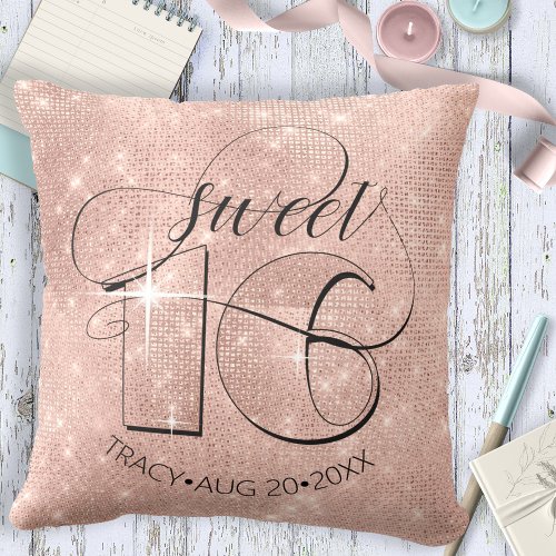 Glitter and Shine Sweet 16 Rose Gold ID675 Throw Pillow