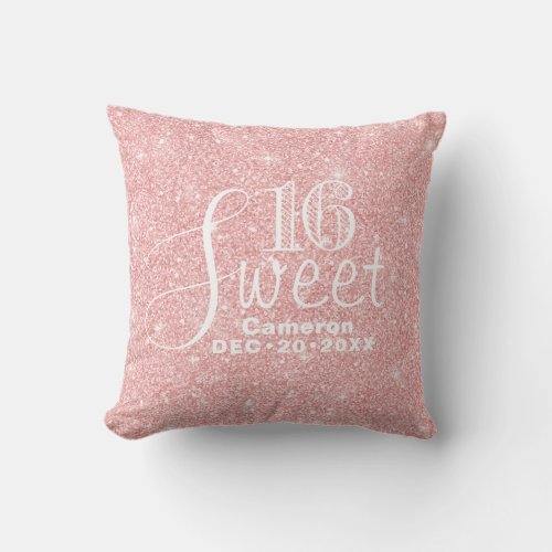 Glitter and Shine Sweet 16 Rose Gold Throw Pillow