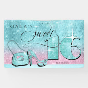 Glitter and Shine Sweet 16 Teal/Pink Hor ID675 Banner