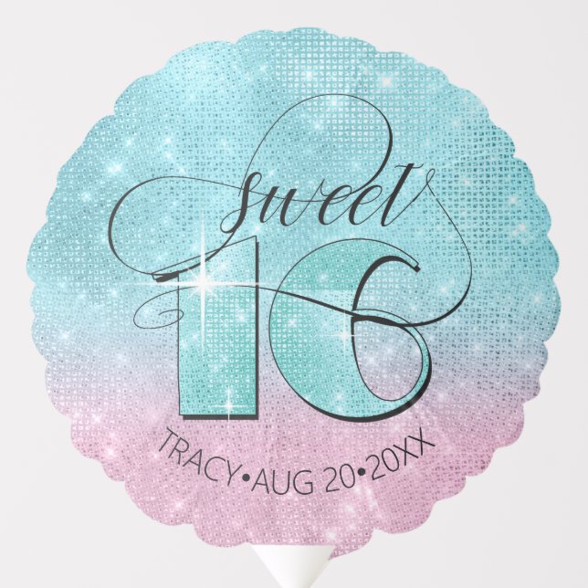 Glitter and Shine Sweet 16 Teal/Pink ID675 Balloon (Front)